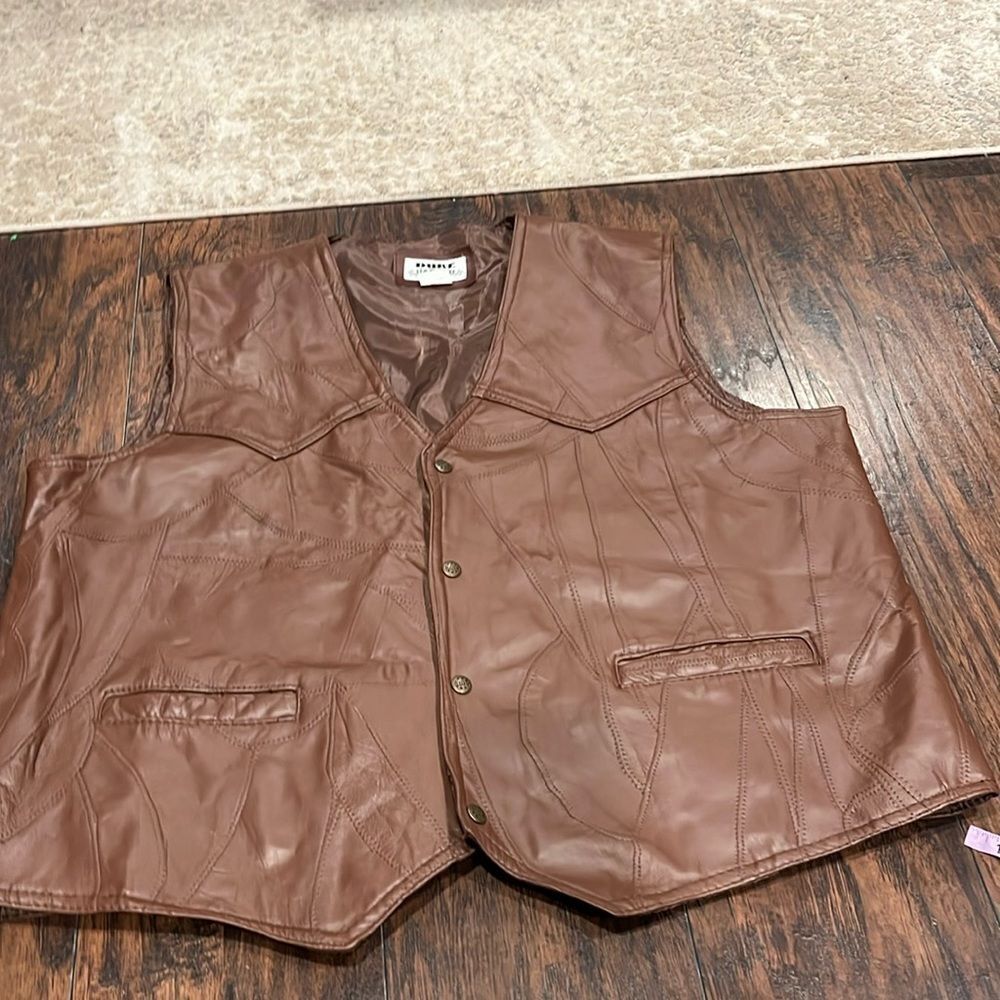 Duke Haband leather patch work vest size 2XL light brown snap buttons Biker vest